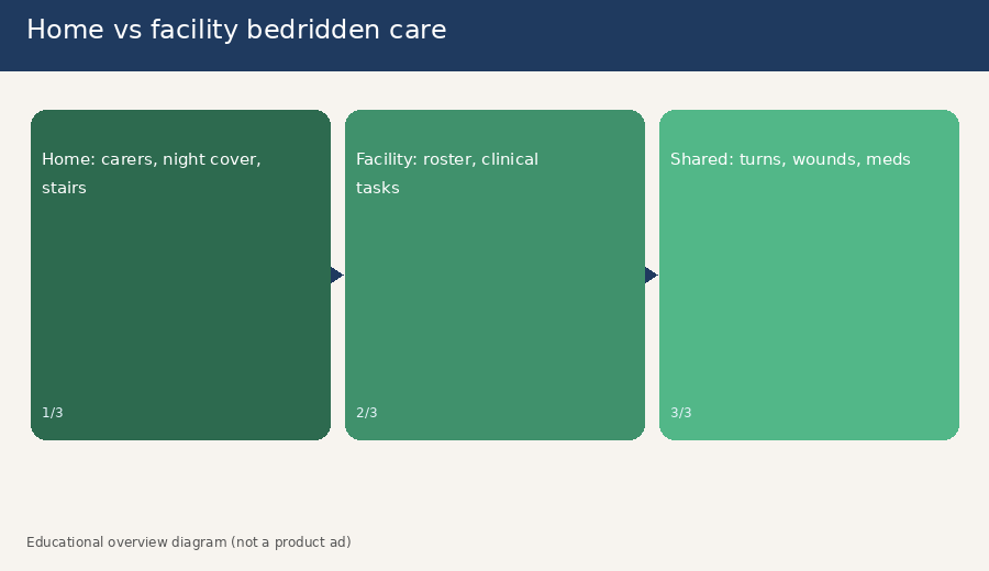 Side-by-side cards comparing home and facility bedridden care planning points for Malaysian families
